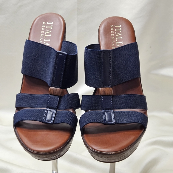 Italian Shoemakers Shoes - Italian shoemakers wedge, Slip On heels Flex Strap sandals sz 8.5 Blue Brown